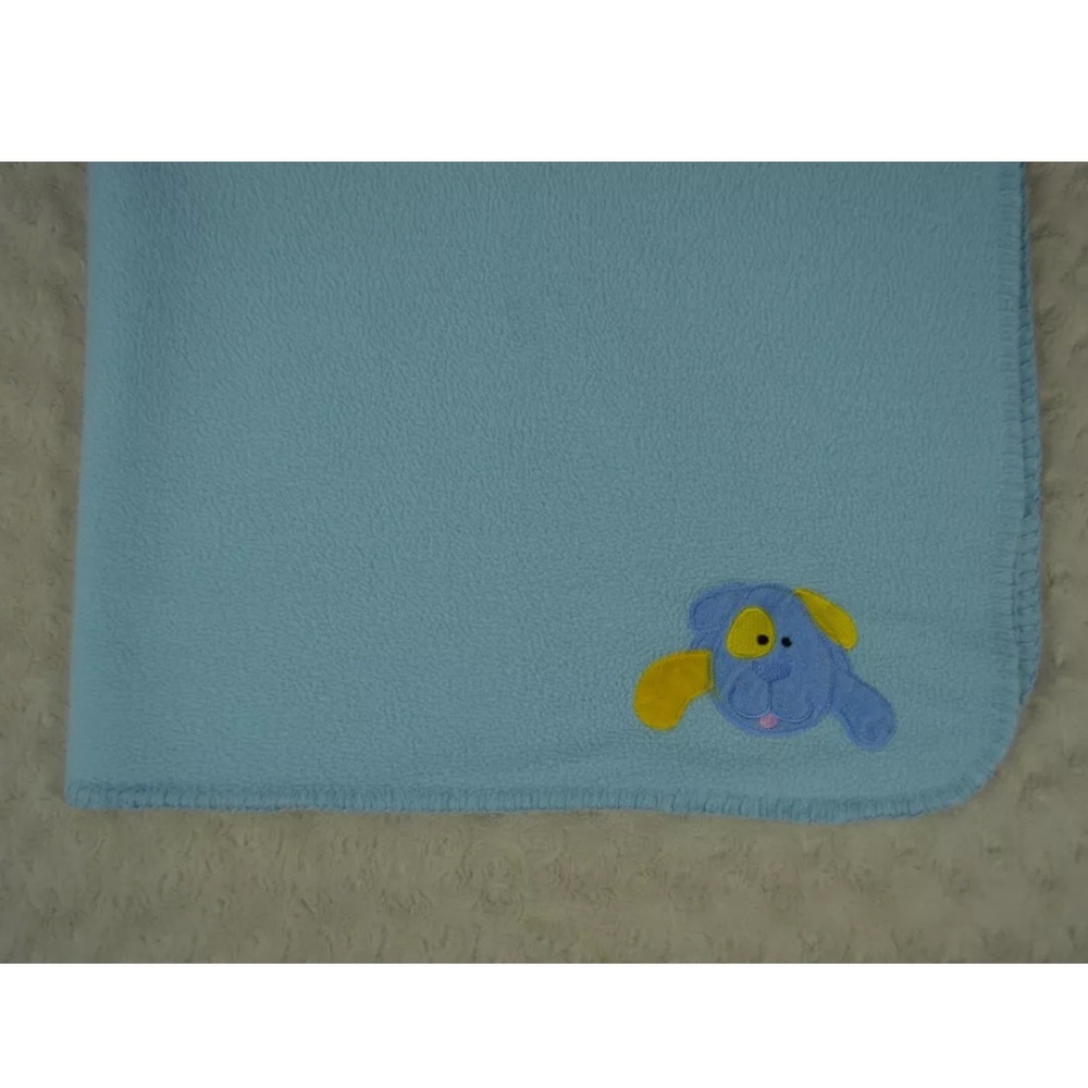 Blankets & Beyond Puppy Dog Baby Blanket Blue Yellow Stitched Edge Fleece